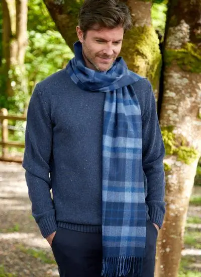 Extra Fine Merino Wool Fringed Check Scarf 